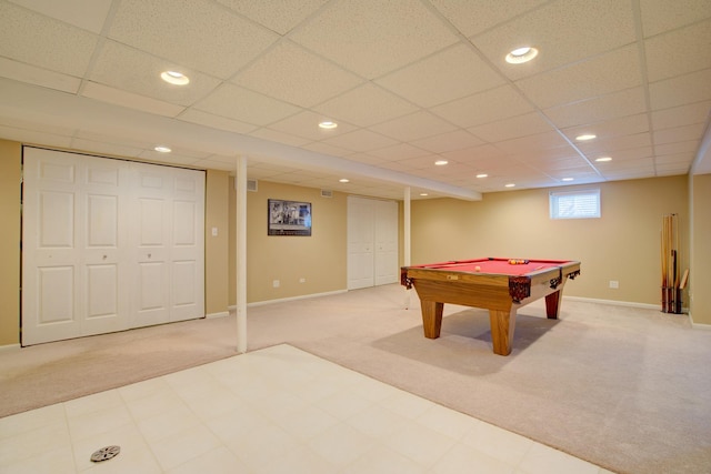 recreation room with recessed lighting, a paneled ceiling, baseboards, and carpet