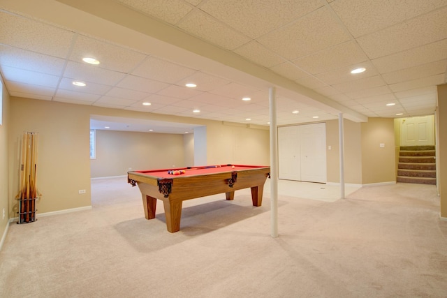 playroom with recessed lighting, baseboards, light colored carpet, and pool table