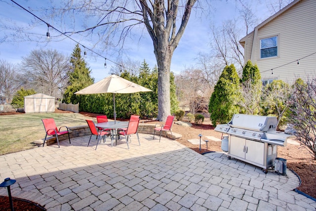 view of patio / terrace featuring area for grilling, a storage shed, and an outdoor structure