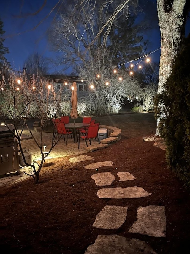 yard at twilight featuring a patio