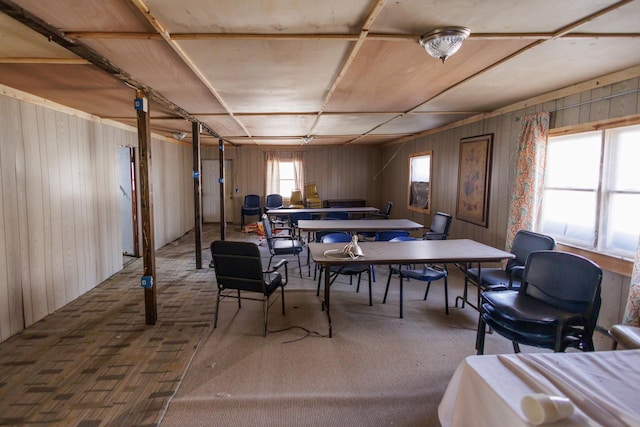 interior space featuring wooden walls