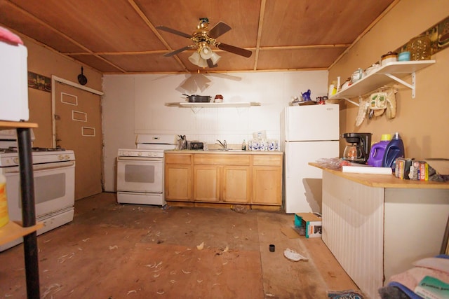 kitchen with sink, concrete floors, ceiling fan, light brown cabinets, and white appliances