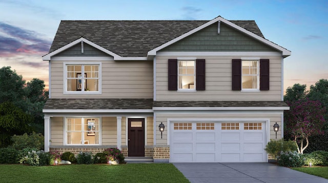 craftsman-style house with a shingled roof, concrete driveway, a lawn, and an attached garage