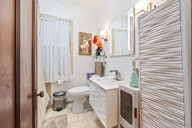 bathroom with vanity, crown molding, heating unit, and toilet