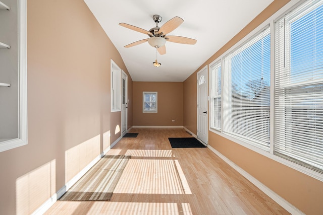 entryway featuring ceiling fan and light wood-type flooring