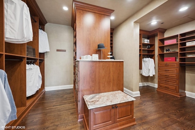 walk in closet with dark wood-type flooring