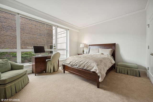 bedroom with light colored carpet and ornamental molding