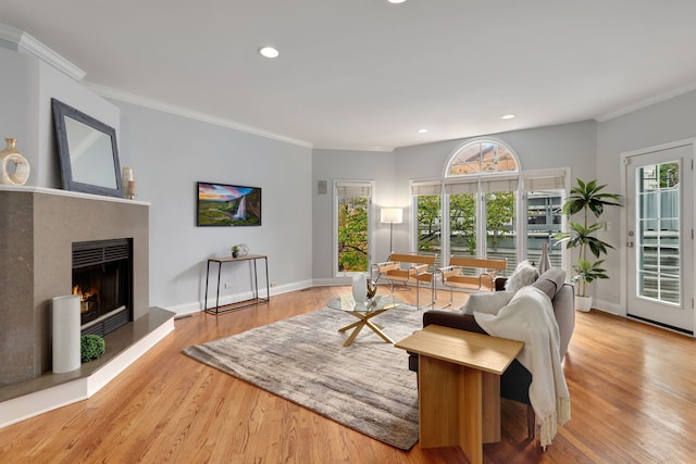 living room with ornamental molding, a healthy amount of sunlight, and light hardwood / wood-style floors