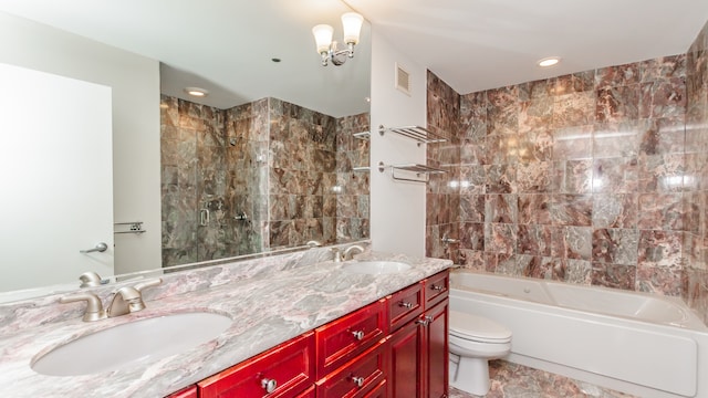 full bathroom featuring shower / bath combination with glass door, vanity, and toilet