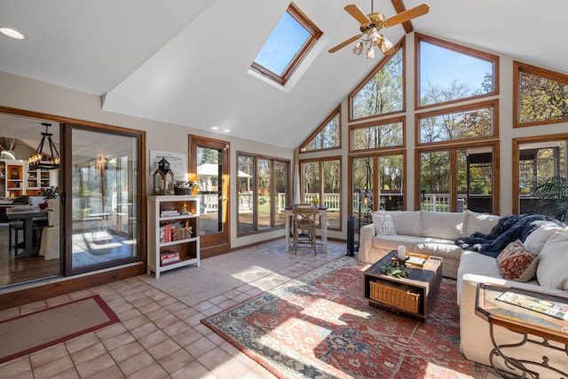 sunroom / solarium with lofted ceiling with skylight, a wealth of natural light, and ceiling fan