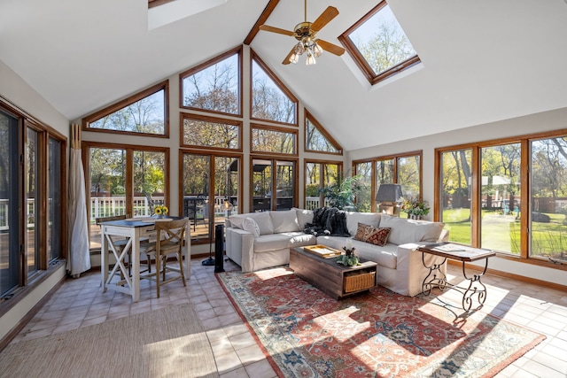 sunroom / solarium featuring ceiling fan and vaulted ceiling with skylight