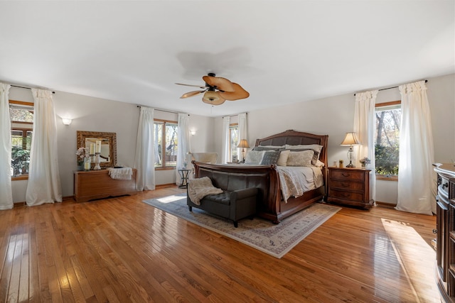 bedroom featuring ceiling fan and light wood-type flooring