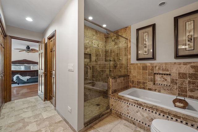 bathroom with ceiling fan, toilet, and independent shower and bath