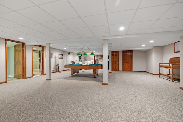 rec room featuring light colored carpet, a paneled ceiling, and billiards