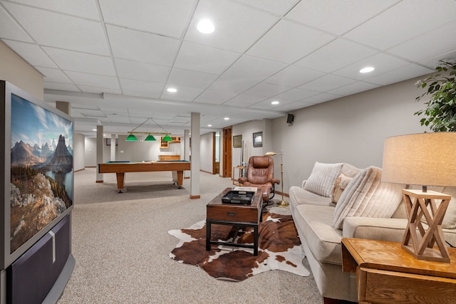 living room featuring billiards, carpet floors, and a drop ceiling