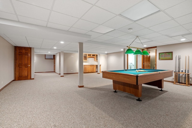 rec room with light colored carpet and pool table