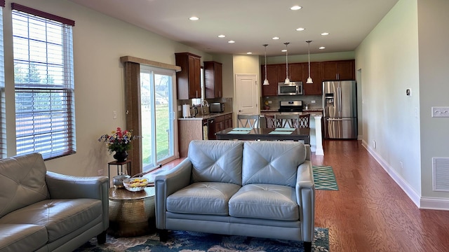 living room featuring dark hardwood / wood-style flooring and sink