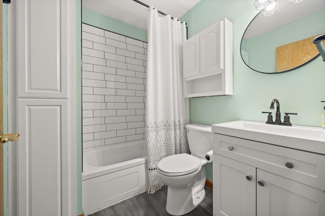 full bathroom with vanity, wood finished floors, toilet, and shower / bathtub combination with curtain