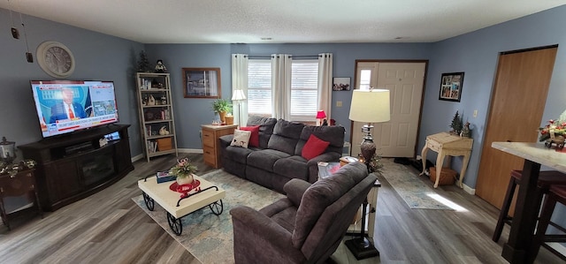 living room with hardwood / wood-style flooring and a textured ceiling