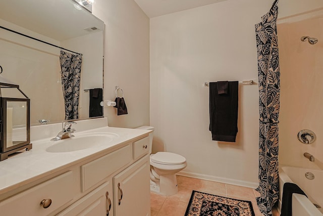 full bathroom with tile patterned flooring, vanity, toilet, and shower / tub combo with curtain