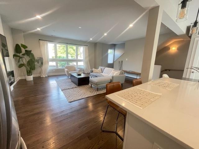 living room with dark hardwood / wood-style flooring