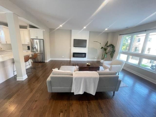 living room with dark hardwood / wood-style floors