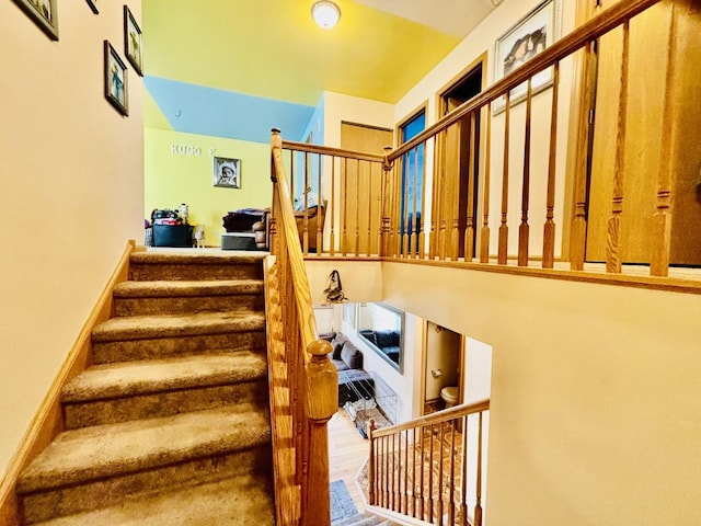 stairway with hardwood / wood-style floors