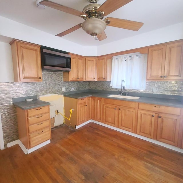 kitchen featuring ceiling fan, dark hardwood / wood-style floors, sink, and decorative backsplash