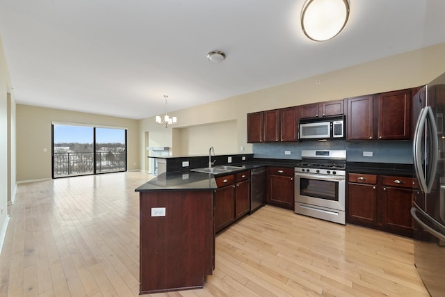 kitchen with sink, backsplash, stainless steel appliances, decorative light fixtures, and kitchen peninsula