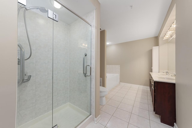 full bathroom with shower with separate bathtub, toilet, tile patterned floors, and vanity