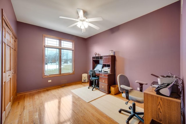 office space featuring ceiling fan and light wood-type flooring