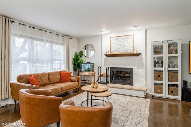 living room featuring dark wood-type flooring and a fireplace