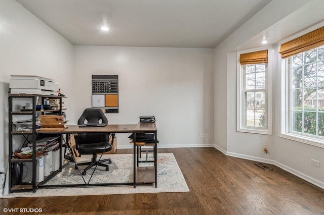 office area featuring dark wood-type flooring