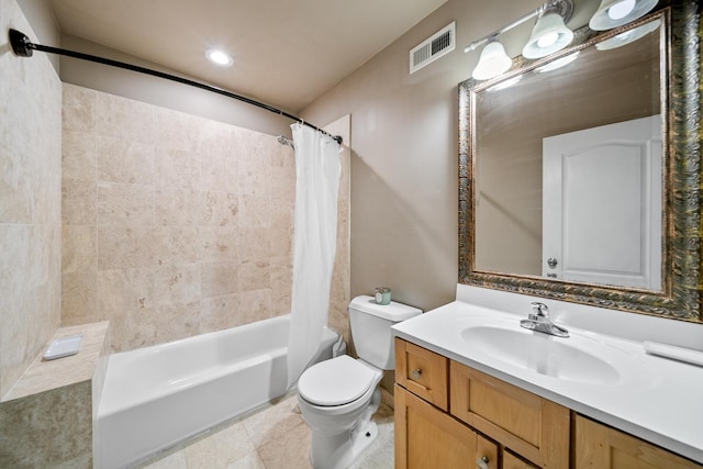 full bathroom with vanity, toilet, and shower / bathtub combination with curtain