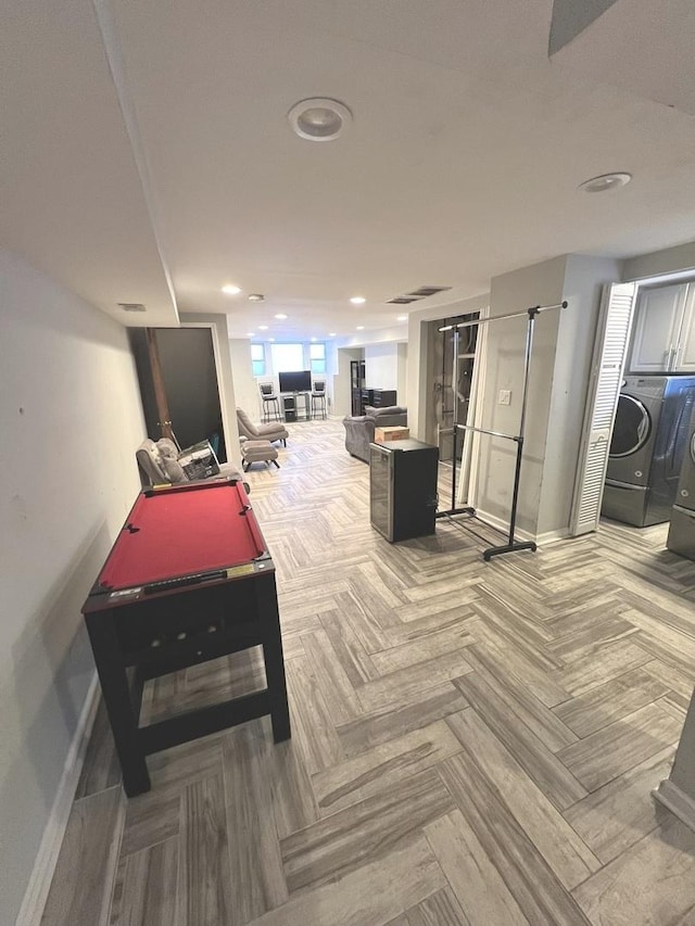 rec room featuring washing machine and dryer, pool table, and parquet floors