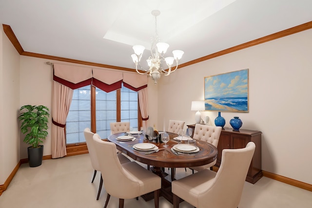 carpeted dining area featuring a notable chandelier, crown molding, and a raised ceiling