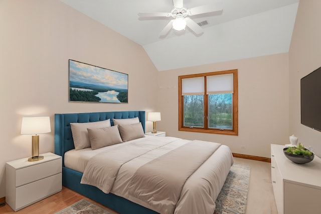 bedroom with ceiling fan and lofted ceiling