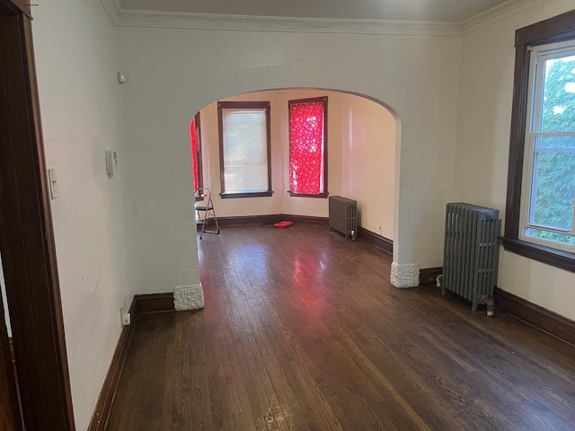 foyer entrance featuring ornamental molding, radiator, and dark hardwood / wood-style floors