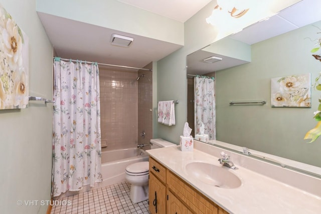 full bathroom featuring shower / bathtub combination with curtain, vanity, toilet, and tile patterned flooring