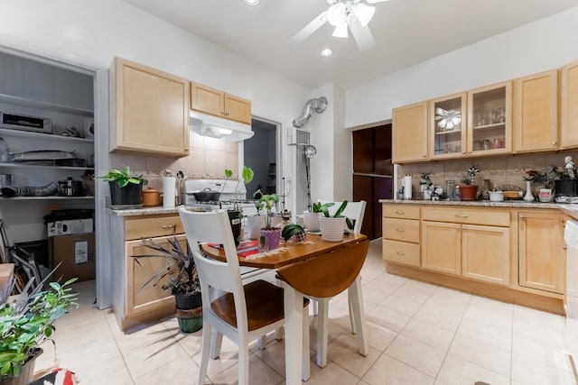 kitchen with light stone counters, light brown cabinetry, and backsplash