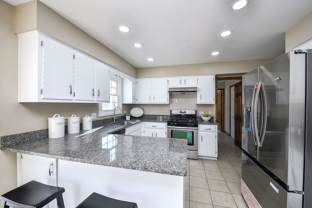 kitchen featuring white cabinetry, stainless steel appliances, kitchen peninsula, and sink