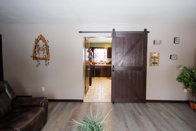 hallway with a barn door, sink, and light hardwood / wood-style flooring