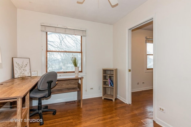 office space with ceiling fan, baseboards, and wood finished floors