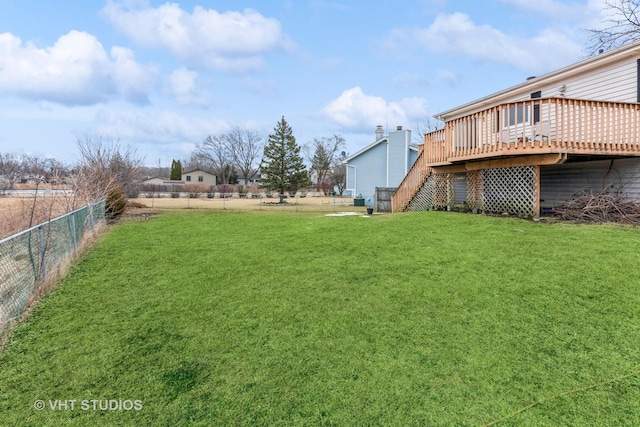 view of yard featuring a fenced backyard, stairway, and a wooden deck