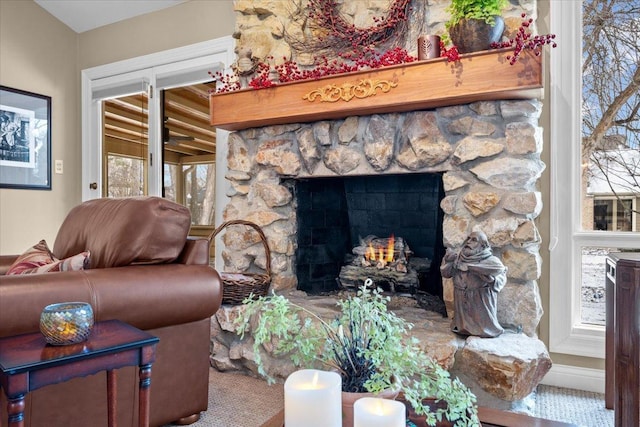 living room with a fireplace