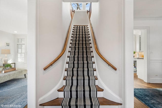 stairs featuring crown molding and wood-type flooring