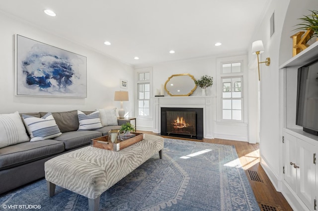 living room with crown molding and wood-type flooring