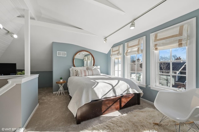 bedroom with lofted ceiling, carpet floors, and rail lighting