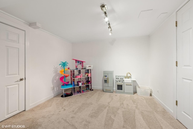 recreation room with light carpet, crown molding, and rail lighting