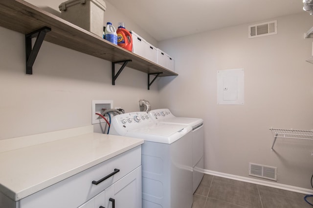 laundry area with dark tile patterned floors, washing machine and clothes dryer, and electric panel